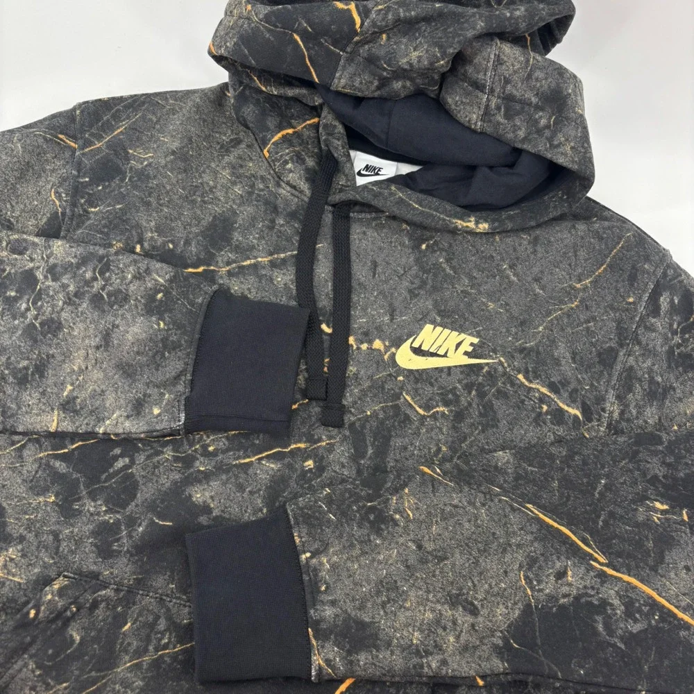 Nike Mens NSW Club Hoodie Small Black Gold Marble Print Pullover DO6174-010